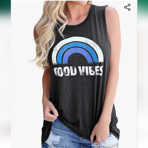 Womens Good Vibes Tank Tops Round Neck Sleeveless Camis Tee Shirt Tank Top - Picture 4 of 6